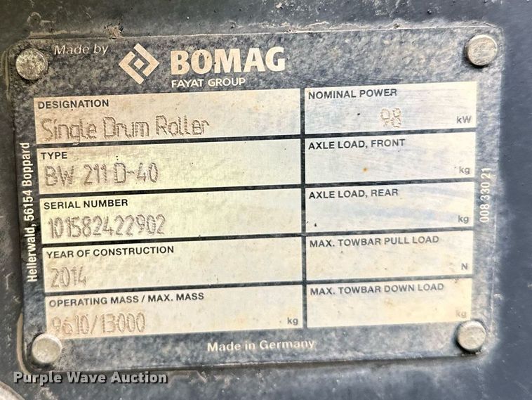 image for item DO3188 2014 Bomag BW 211D-40 single drum vibratory roller