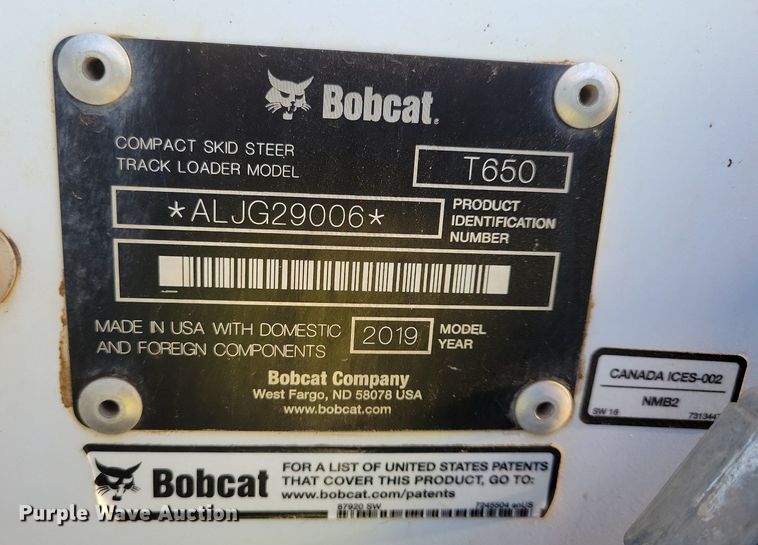 image for item DO3301 2019 Bobcat T650 tracked skid steer loader