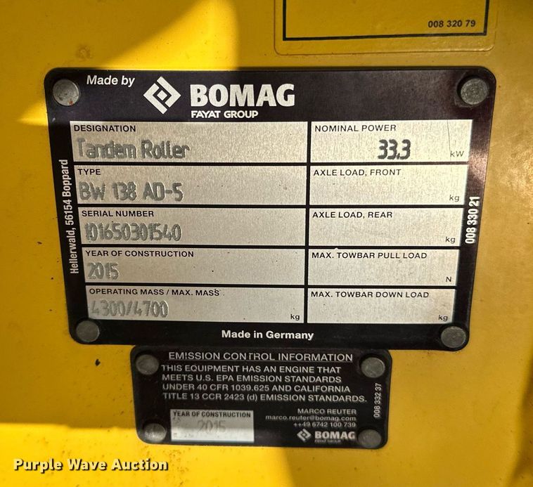 image for item DQ7422 2015 Bomag BW138AD double drum vibratory roller