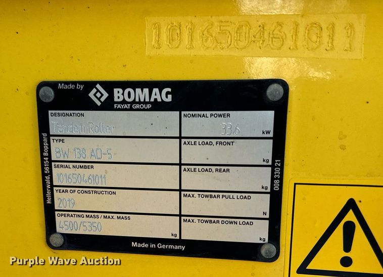 image for item DQ7423 2019 Bomag BW138AD double drum vibratory roller