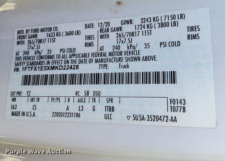 image for item DR4263 2021 Ford F150 XL SuperCab pickup truck