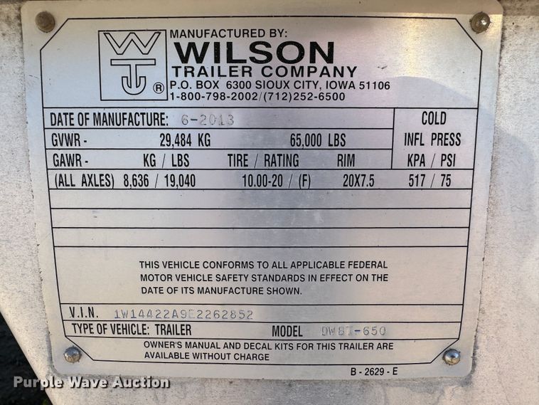 image for item DK6808 2014 Wilson DWBT-650 live bottom trailer