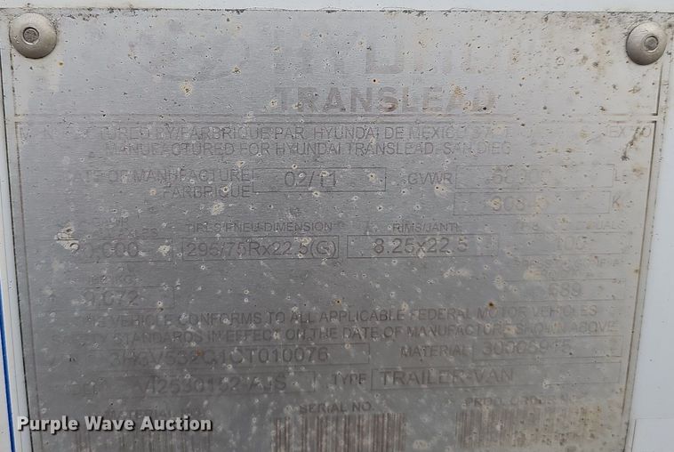 image for item DQ8642 2012 Hyundai Translead VI2530152-AJS dry van trailer