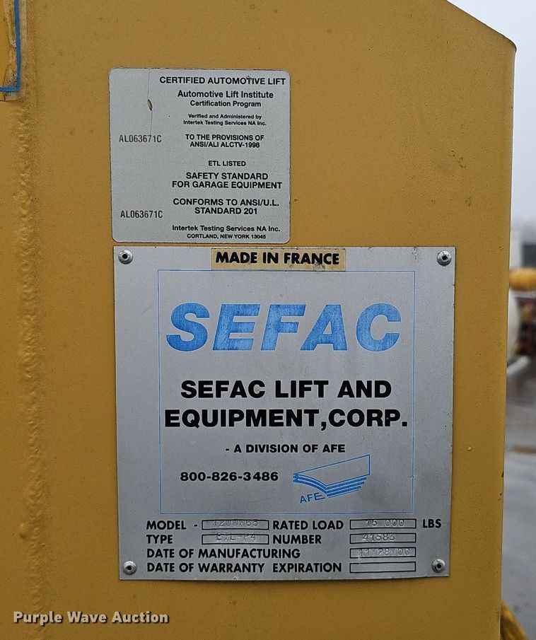 image for item DQ8662 2001 Sefac 1200M65  four post automotive lift