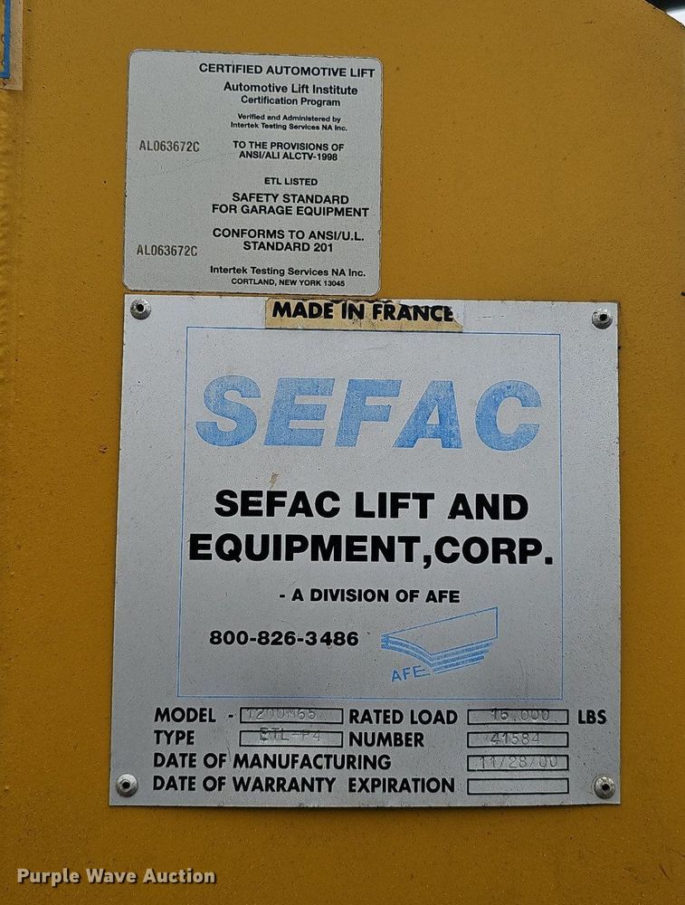 image for item DQ8662 2001 Sefac 1200M65  four post automotive lift