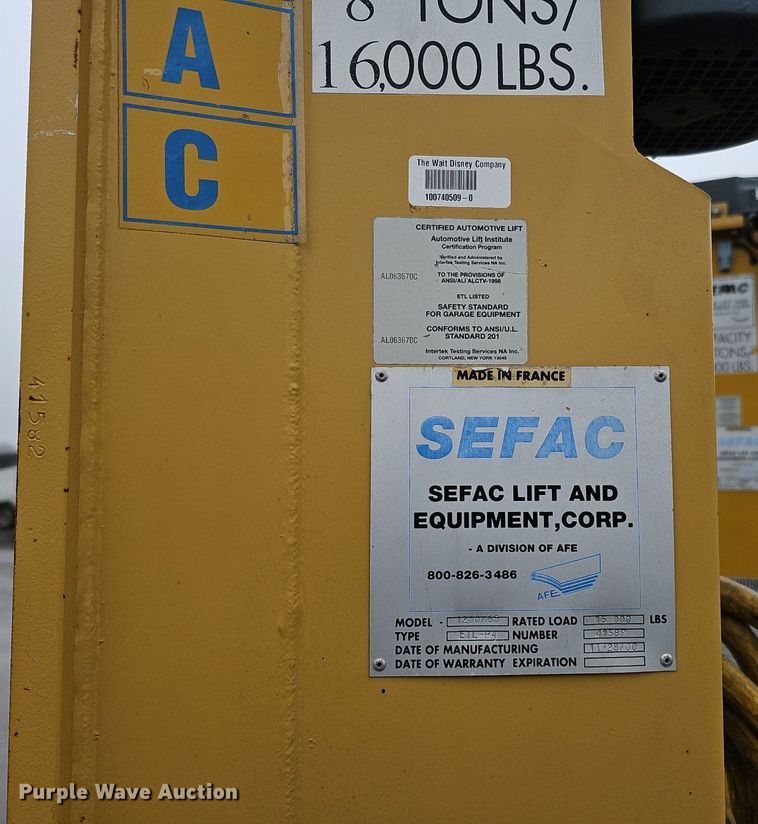 image for item DQ8662 2001 Sefac 1200M65  four post automotive lift