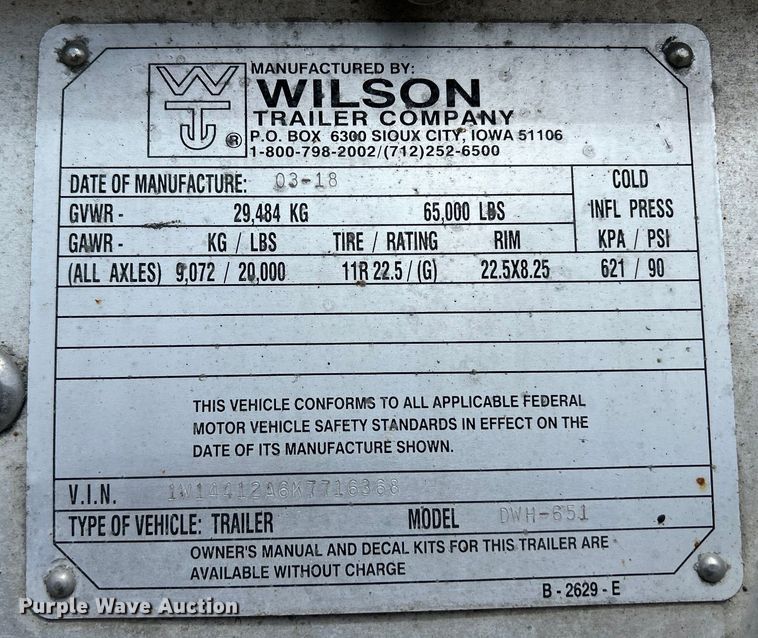 image for item DS0847 2019 Wilson  DWH-651 grain trailer