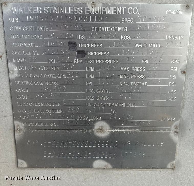 image for item EG1307 1995 Walker Stainless Equipment  tank trailer