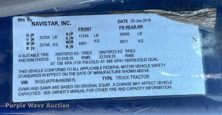 image for item EH3837 2017 International  PROSTAR  semi truck