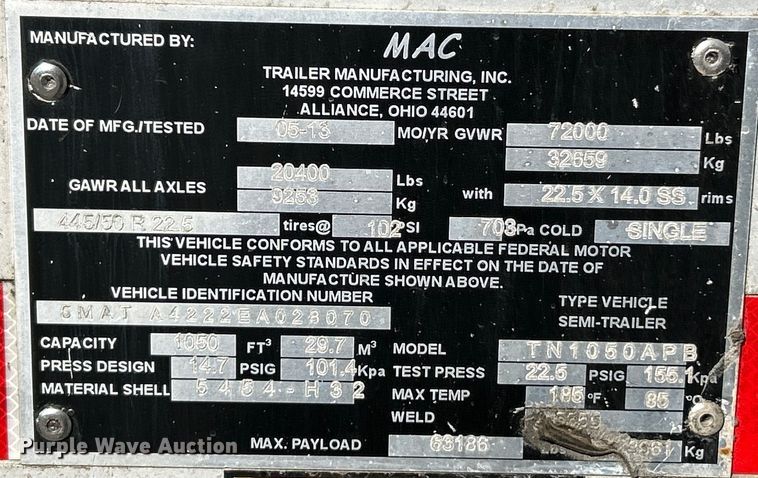 image for item EK4194 2014 Mac  TN1050APB pneumatic dry bulk trailer