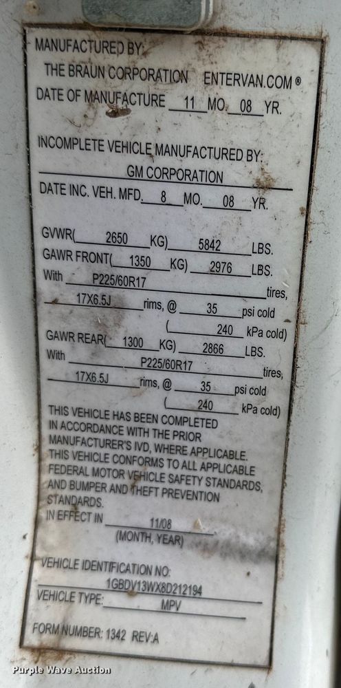 image for item DG4346 2008 Chevrolet Uplander handicap accessible van