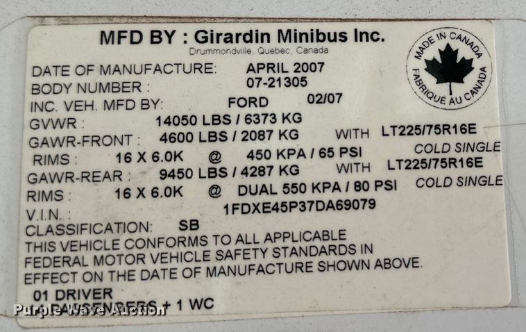 image for item DG4347 2007 Ford E450 shuttle bus