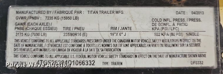 image for item DM1575 2013 Titan DF6332 equipment trailer