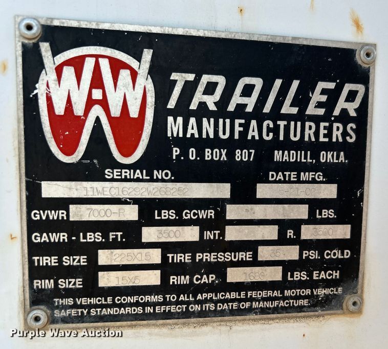 image for item DO1033 2002 W-W Trailers enclosed cargo trailer