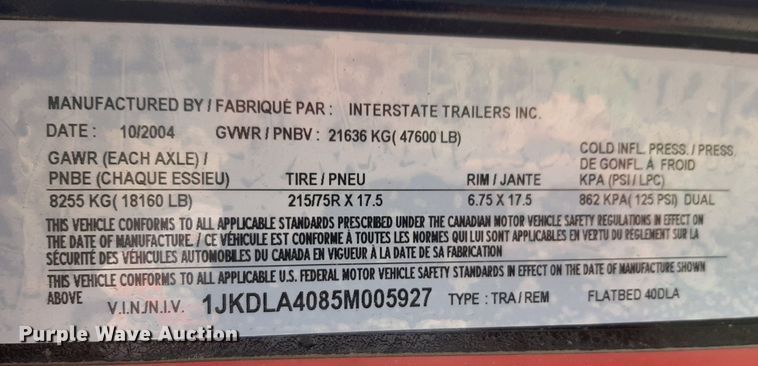 image for item DP2755 2005 Interstate 40DLA equipment trailer