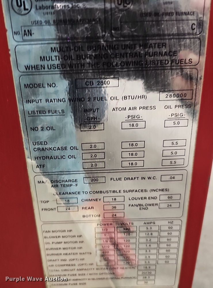 image for item DQ8592 Clean Burn CB 2800 waste oil heater