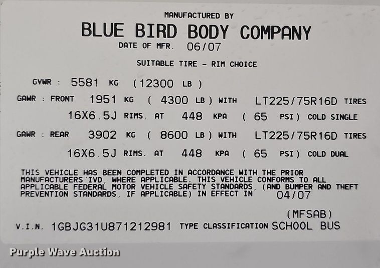 image for item DQ8633 2007 Blue Bird Micro-Bird   school bus