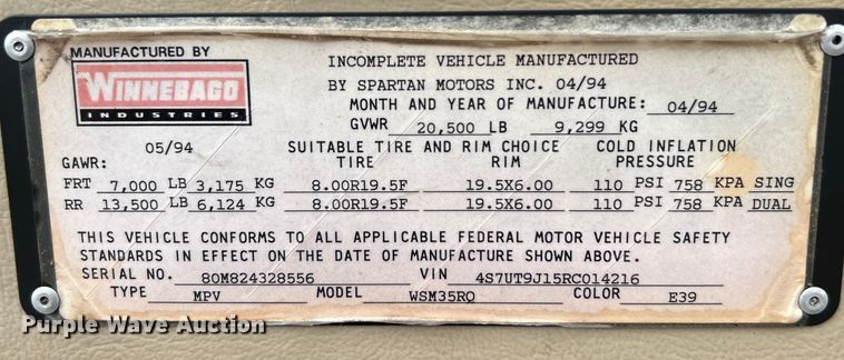 image for item EG1364 1994 Winnebago Vectra RV