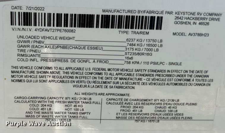 image for item EH5366 2023 Keystone  Avalanche  camper
