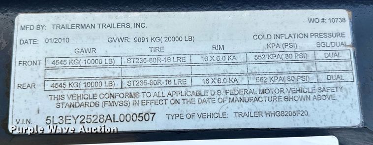 image for item EH6623 2010 Trailerman HHG8205F20 equipment trailer