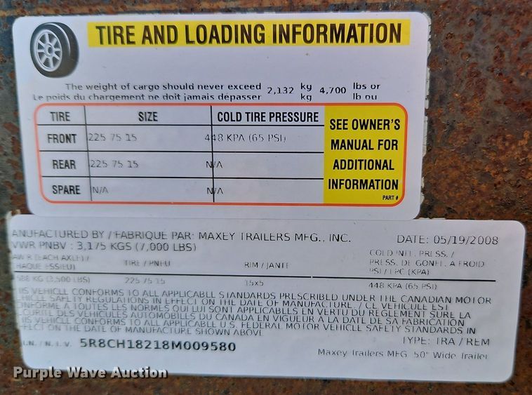 image for item EI3583 2008 Maxey utility trailer