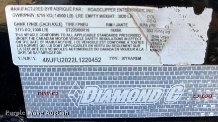 image for item EJ0332 2020 Diamond C tilt deck utility trailer