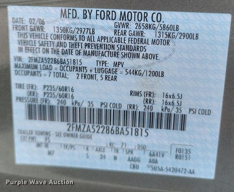 image for item EJ7843 2006 Ford Freestar SEL van