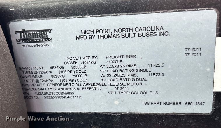 image for item EK4244 2012 Thomas Built school bus