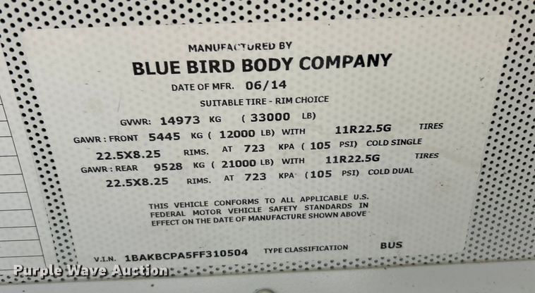 image for item EK4247 2015 Blue Bird Vision school bus