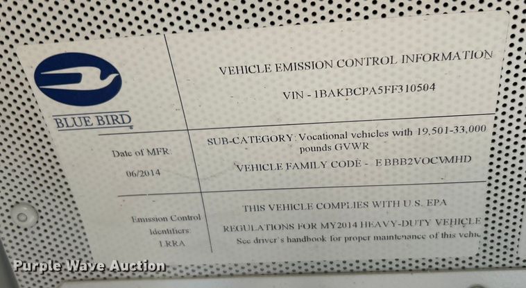 image for item EK4247 2015 Blue Bird Vision school bus