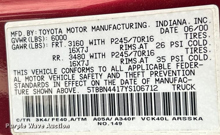 image for item EK4320 2000 Toyota Tundra SR5 Access Cab pickup truck