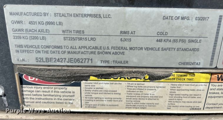 image for item EK4329 2017 Stealth CHE8524TA3 enclosed cargo trailer