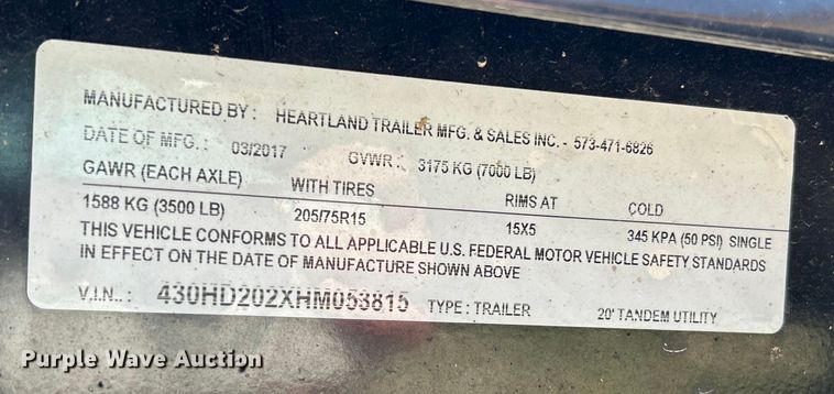 image for item EK4336 2017 Heartland 20' Tandem utility trailer