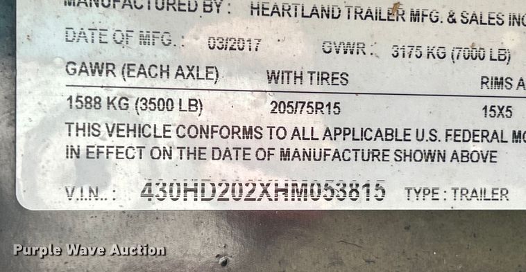 image for item EK4336 2017 Heartland 20' Tandem utility trailer