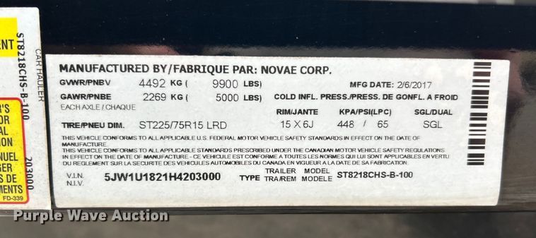 image for item EK4393 2017 Novae ST8218CHS-B-100 equipment trailer