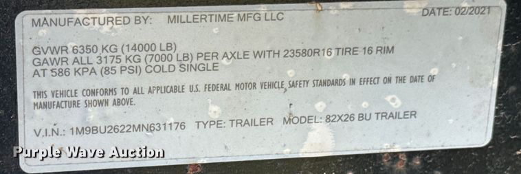 image for item ND9104 2021 Millertime 82X26 BU equipment trailer