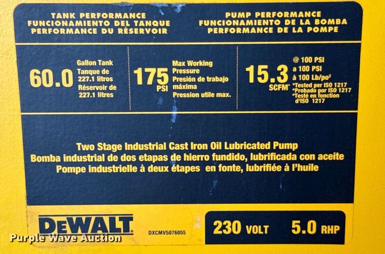 image for item ND9134 DeWalt DXCMV5076055 air compressor and Metal Pro iron worker 