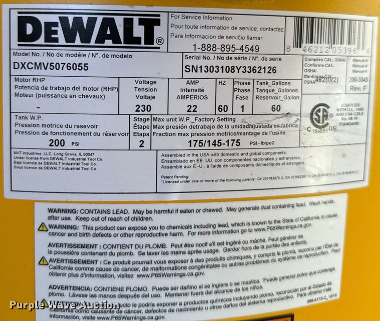 image for item ND9134 DeWalt DXCMV5076055 air compressor and Metal Pro iron worker 