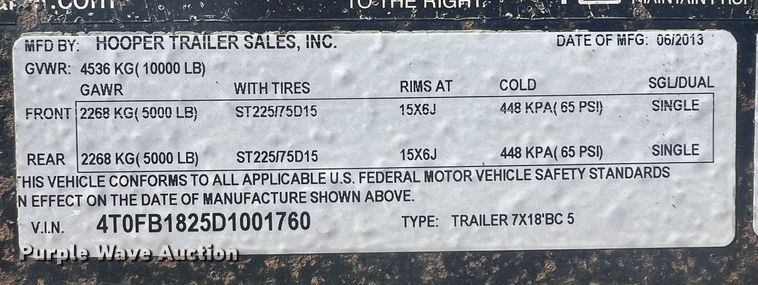 image for item NE9789 2013 Hooper 7X18'BC5 equipment trailer