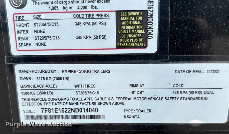 image for item NH9028 2022 Empire Cargo Trailers 8.5X16TA concession trailer