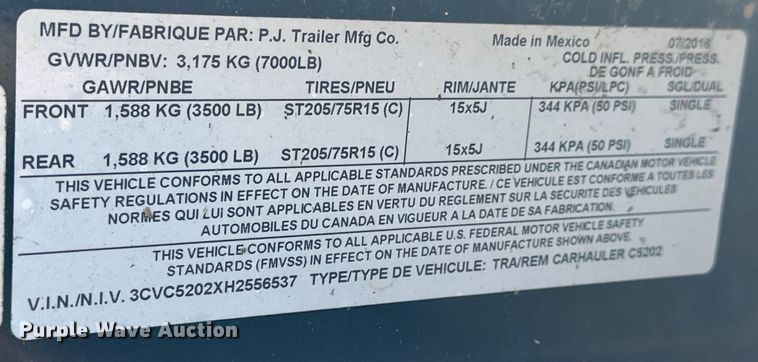 image for item NJ9507 2017 PJ C5202 utility trailer