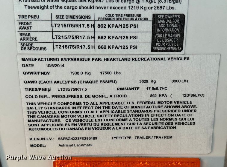 image for item OM9327 2015 Heartland  Ashland Landmark camper