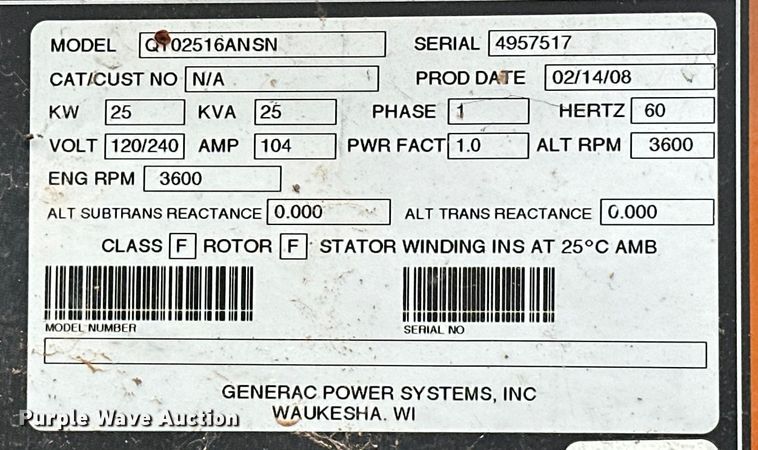 image for item OM9346 2008 Generac  QT02516ANSN generator