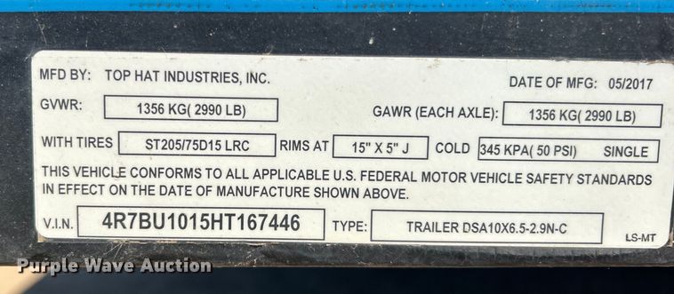 image for item DO1027 2017 Top Hat Industries utility trailer with dust management system 