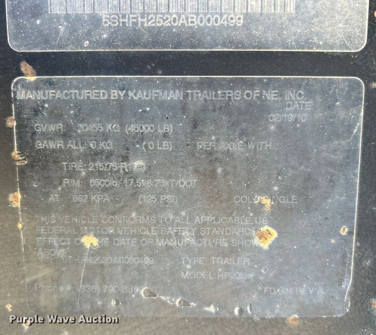 image for item DO1041 2010 Kaufman equipment trailer