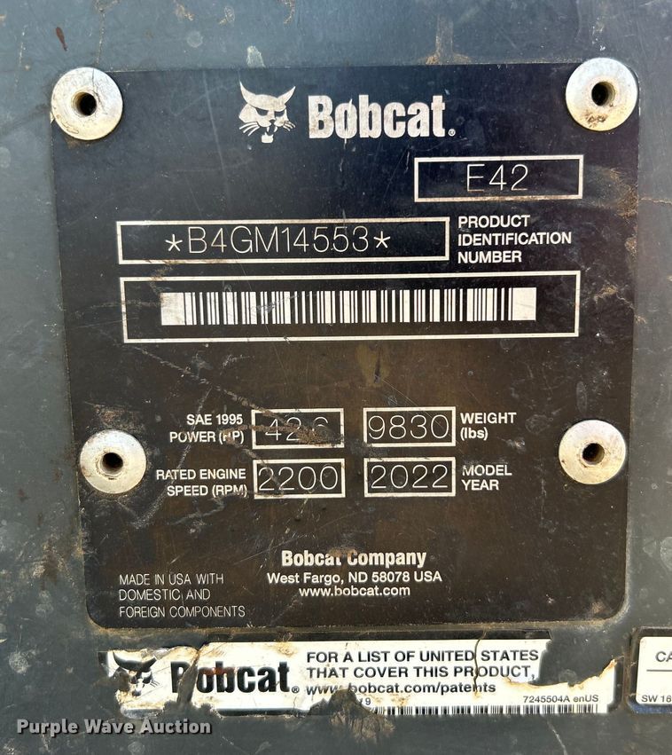 image for item DO1042 2022 Bobcat  E42 mini excavator