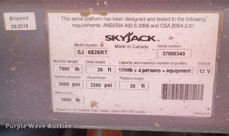 image for item DQ6045 2016 SkyJack SJ 6826RT scissor lift
