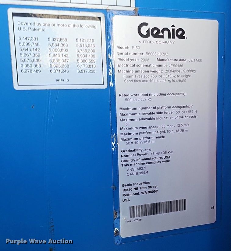 image for item DQ8599 2008 Genie S-60 boom lift