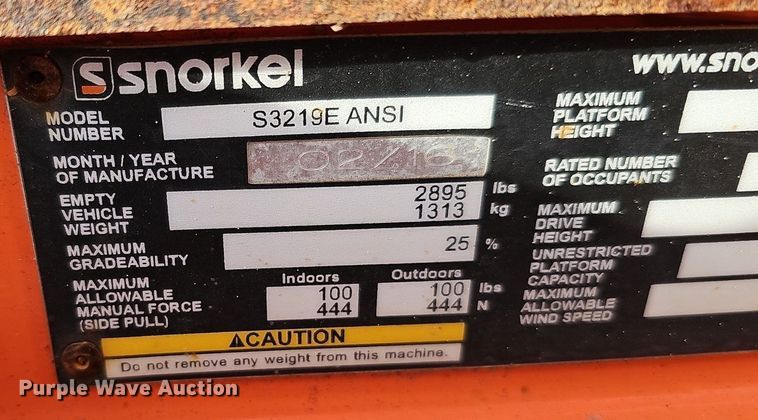 image for item DQ8659 2016 Snorkel S3219E scissor lift