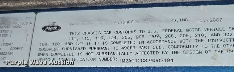 image for item DQ8664 2002 Mack CV713 dump truck